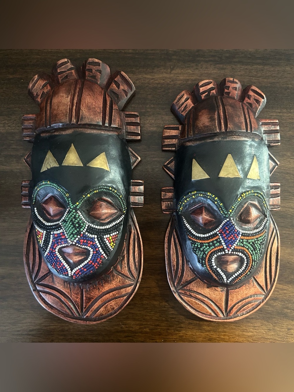 2 Vintage Hand Carved Wooden African Beaded Masks - Sculpture Art Home Decor